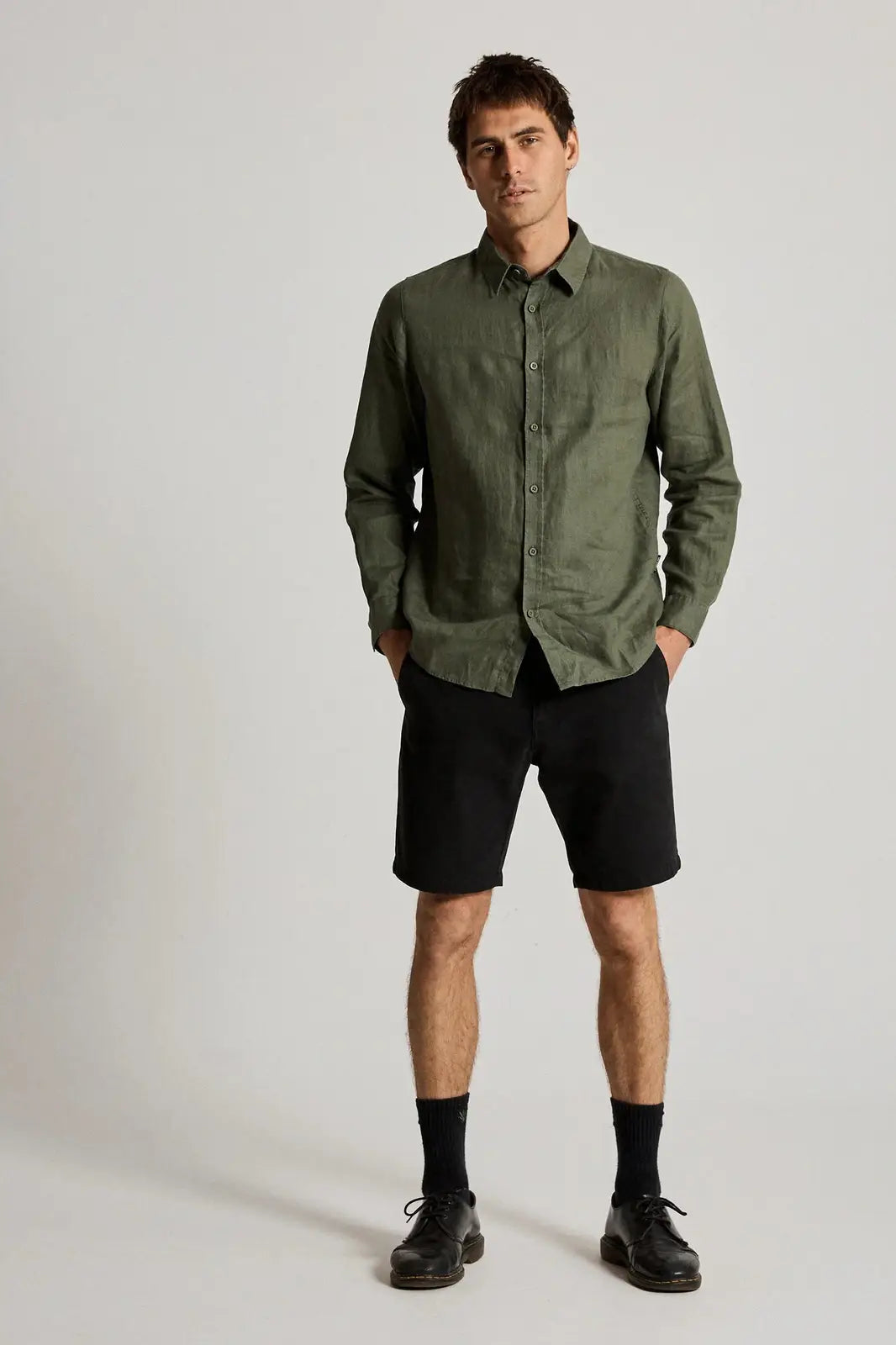 Mr simple linen long sleeve shirt - fatigue