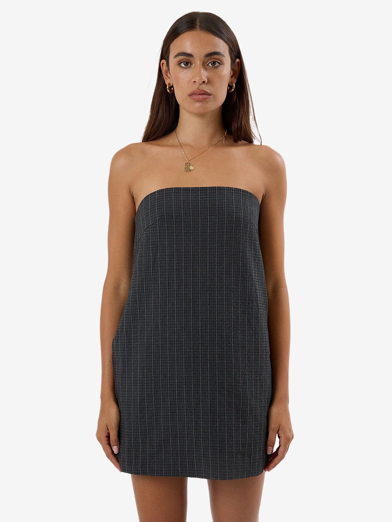 Thrills Colby Strapless Dress - Charcoal Pinstripe