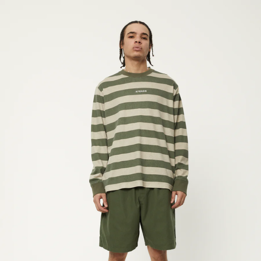 Afends Needle Recycled Long Sleeve Striped Shirt- Cypress Stripe