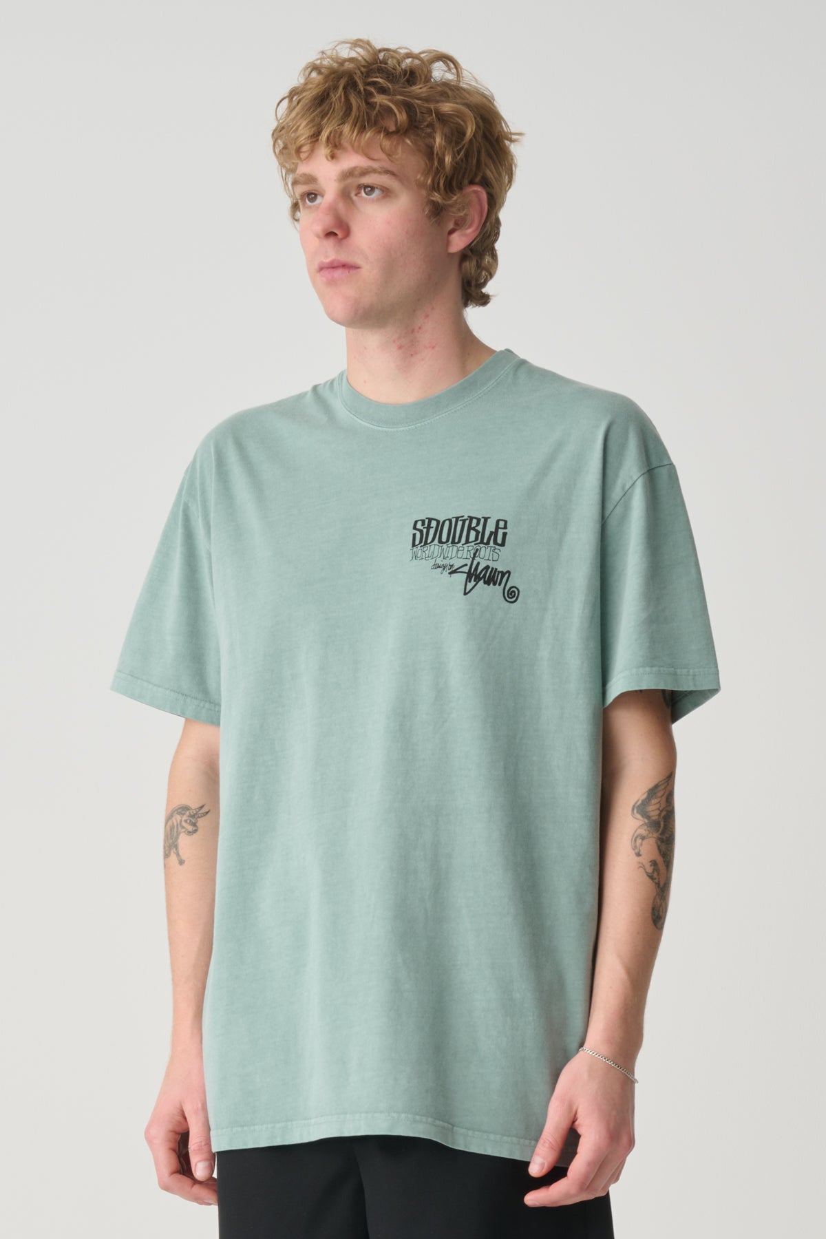 SDOUBLE World wide roots tee - Washed sage