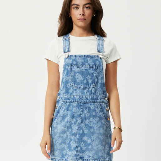 Afends Fink Hemp Denim Mini Overall Dress - Worn Blue Daisy